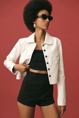 Shop Maeve Faux Leather Collared Crop Jacket In White