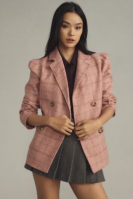 Shop Maeve Puff-sleeve Menswear Blazer Jacket In Pink