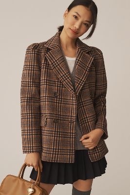 Maeve Puff-sleeve Wool-blend Blazer Jacket In Brown