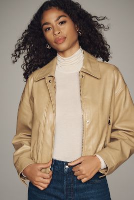 MAEVE FAUX-LEATHER DEEP-V-NECK BOMBER JACKET 