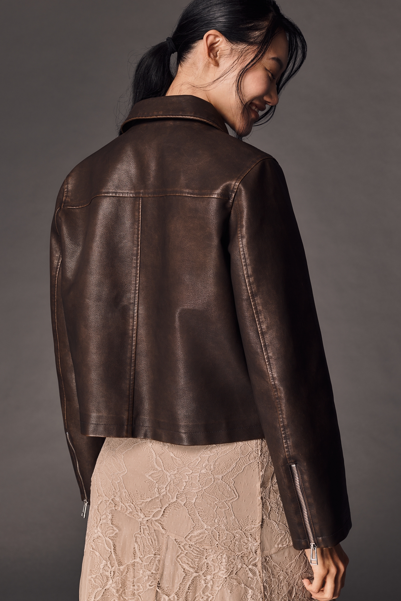 Pilcro Washed Faux-Leather Cropped Moto Jacket