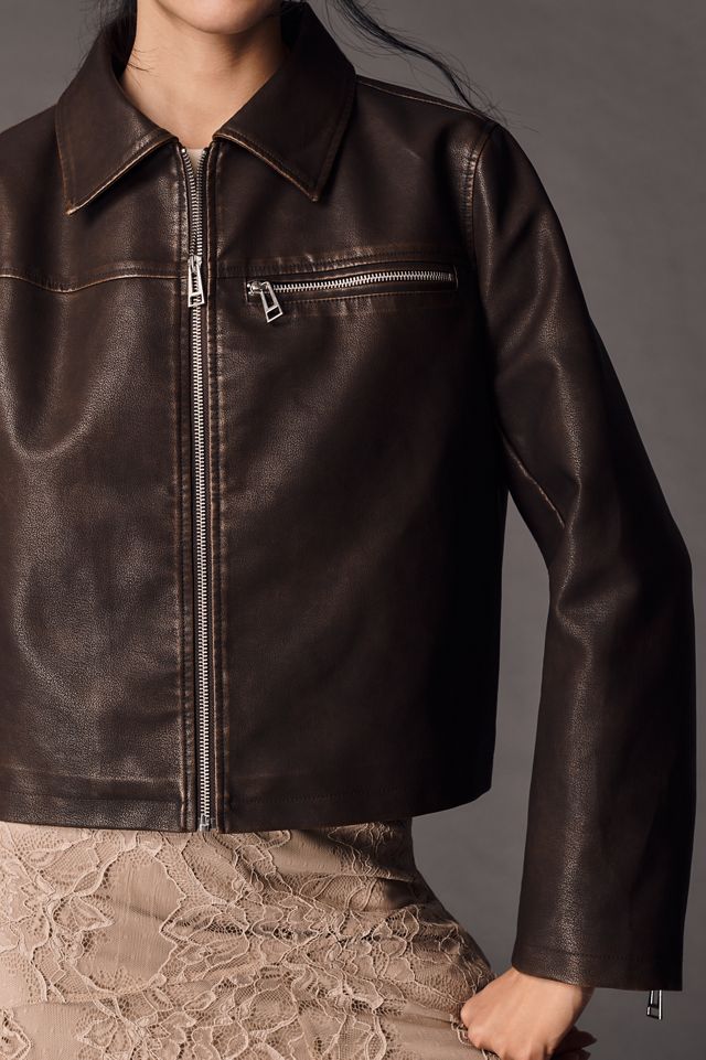 Pilcro Washed Faux-Leather Cropped Moto Jacket #4