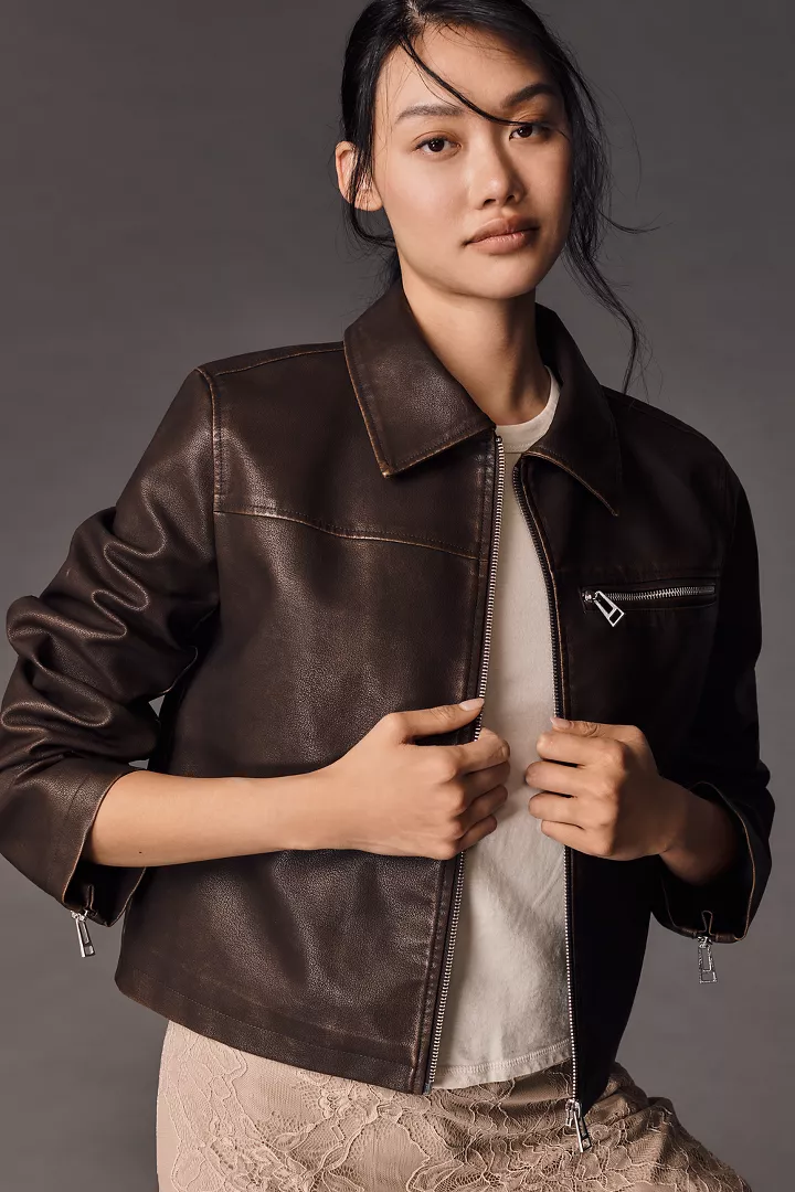 Pilcro Washed Faux-Leather Cropped Moto Jacket