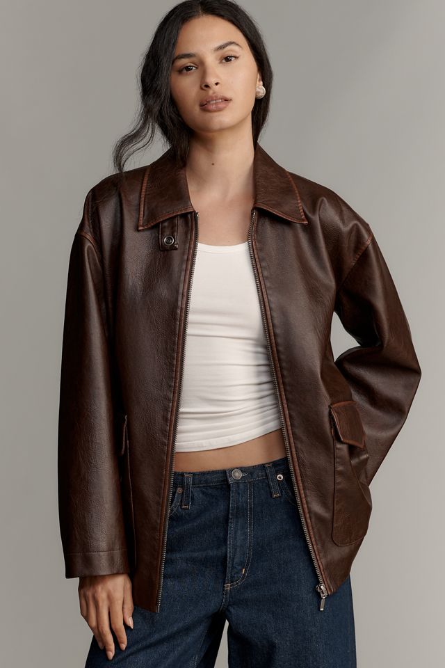 Pilcro Sofia Faux-Leather Long Bomber Jacket #1