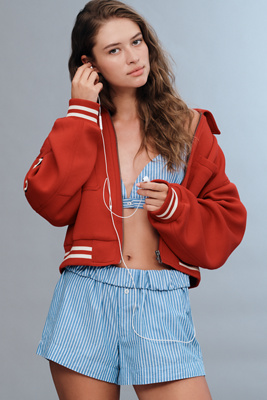 Maeve Knit Varsity Jacket In Red