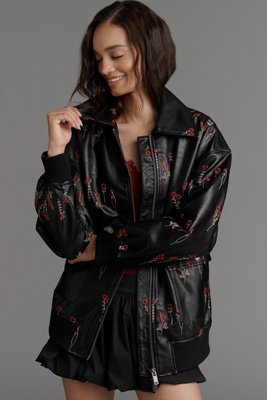 Maeve Faux-leather Floral-embroidered Bomber Jacket In Black