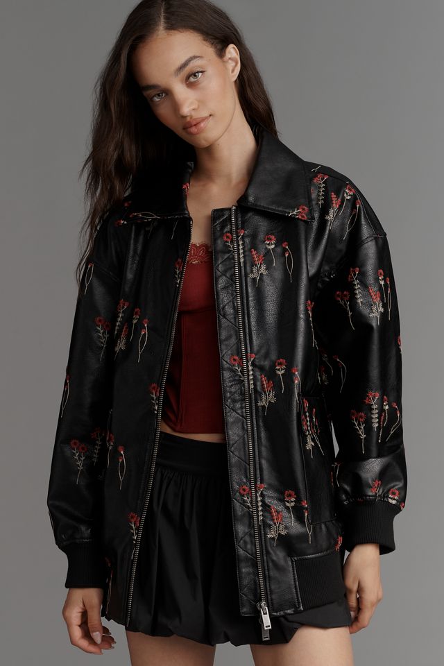 Maeve Faux-Leather Floral-Embroidered Bomber Jacket #1