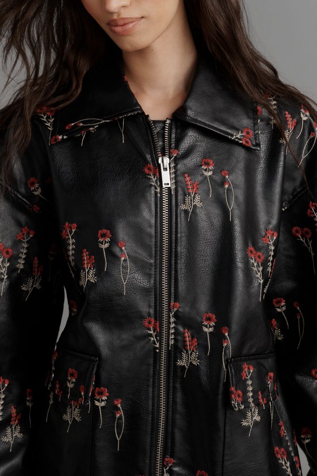 Maeve Faux-Leather Floral-Embroidered Bomber Jacket #2