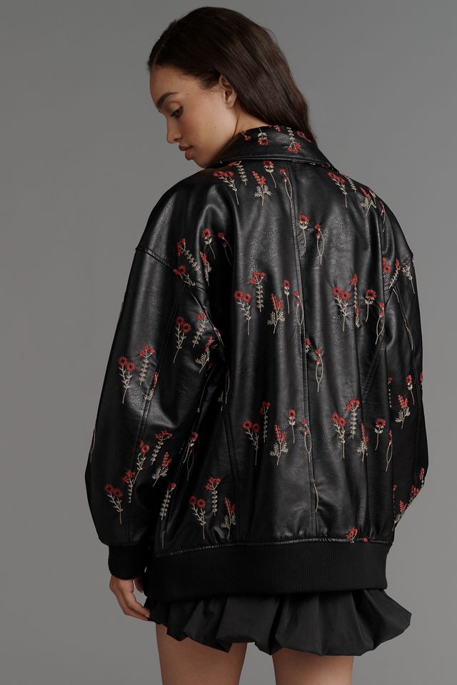 Maeve Faux-Leather Floral-Embroidered Bomber Jacket #3