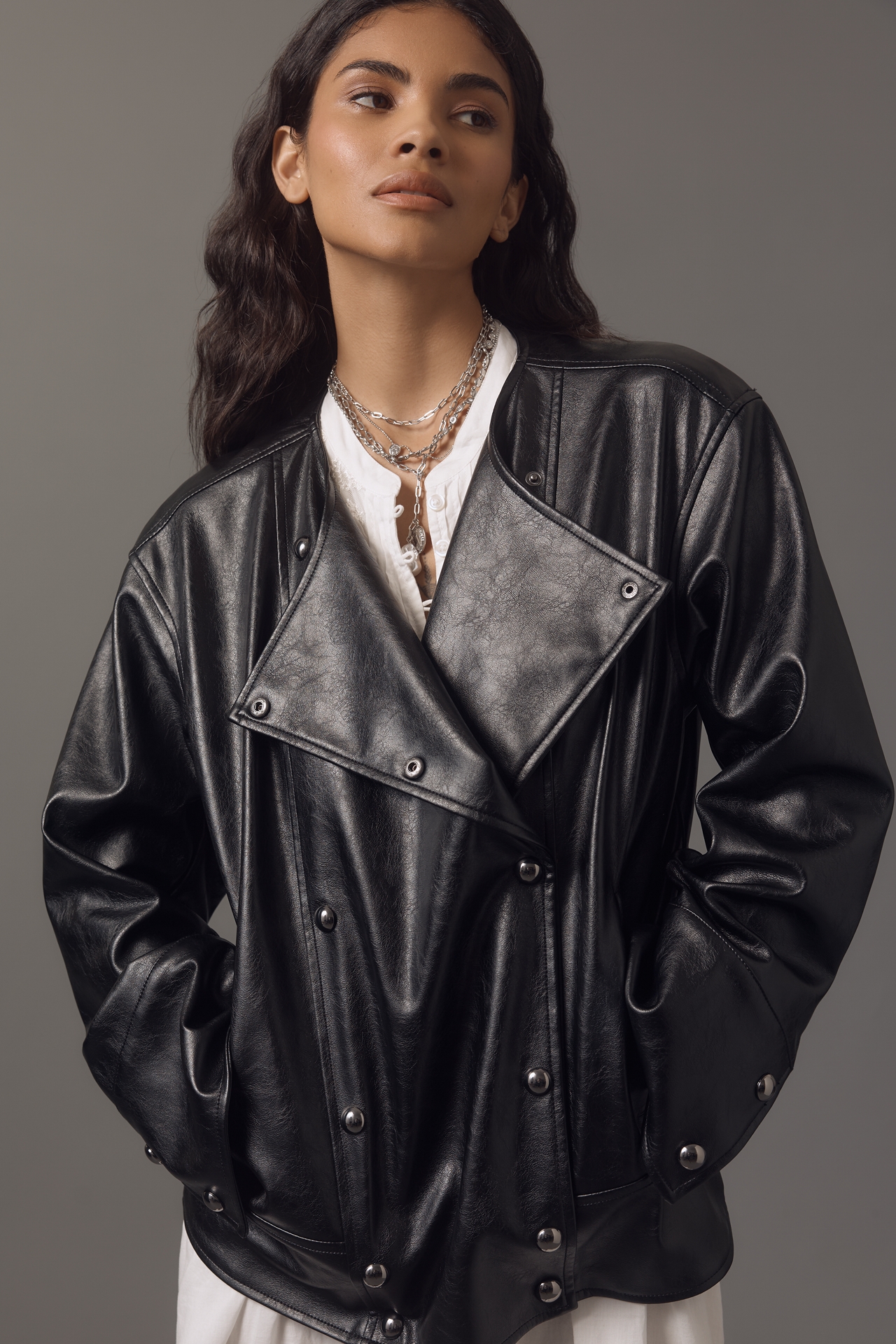 Pilcro Faux-Leather Asymmetric Snap Moto Jacket