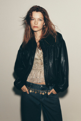 By Anthropologie Faux Leather Crop Bubble Bomber Jacket product page