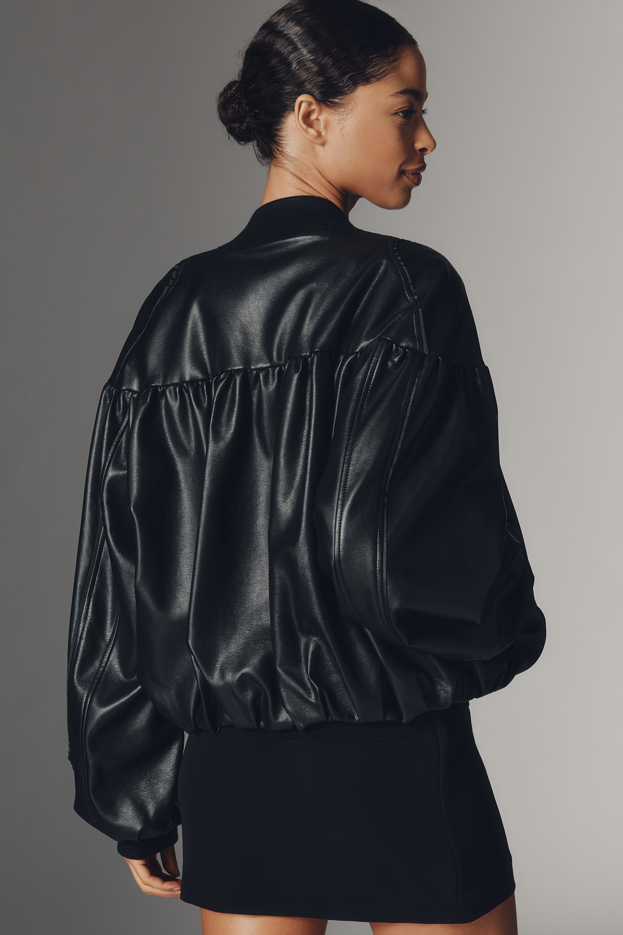 By Anthropologie Faux-Leather Crop Bubble Bomber Jacket
