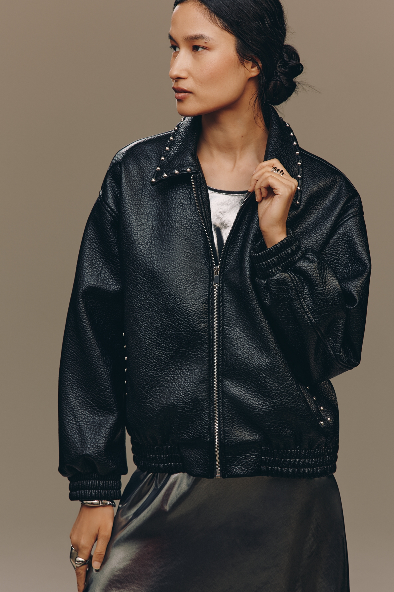 The Rylie Studded Faux-Leather Bomber Jacket by Pilcro