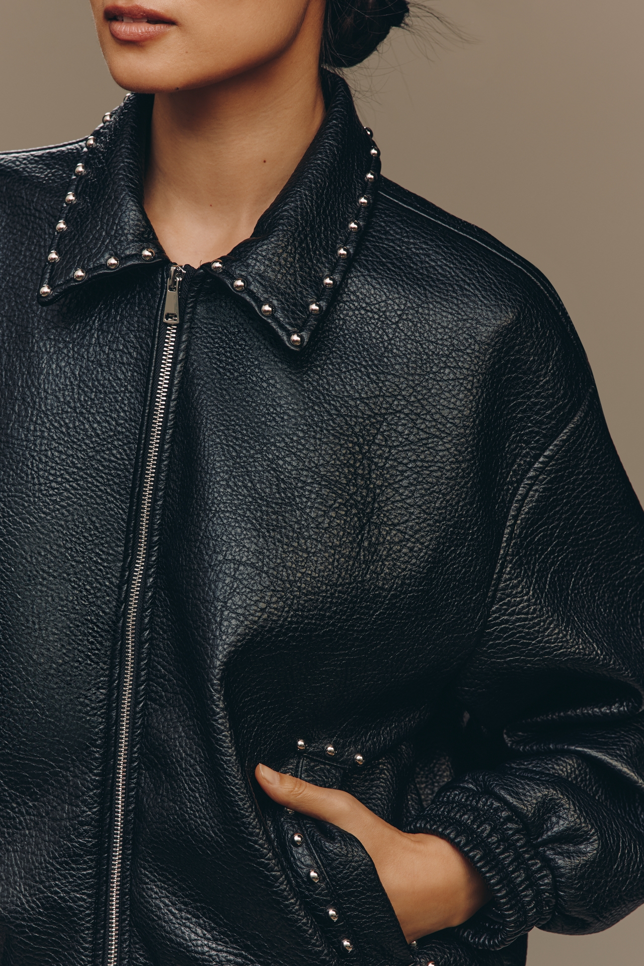 The Rylie Studded Faux-Leather Bomber Jacket by Pilcro