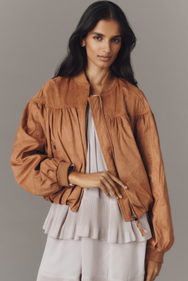 By Anthropologie Faux-suede Bubble Bomber Jacket In Brown