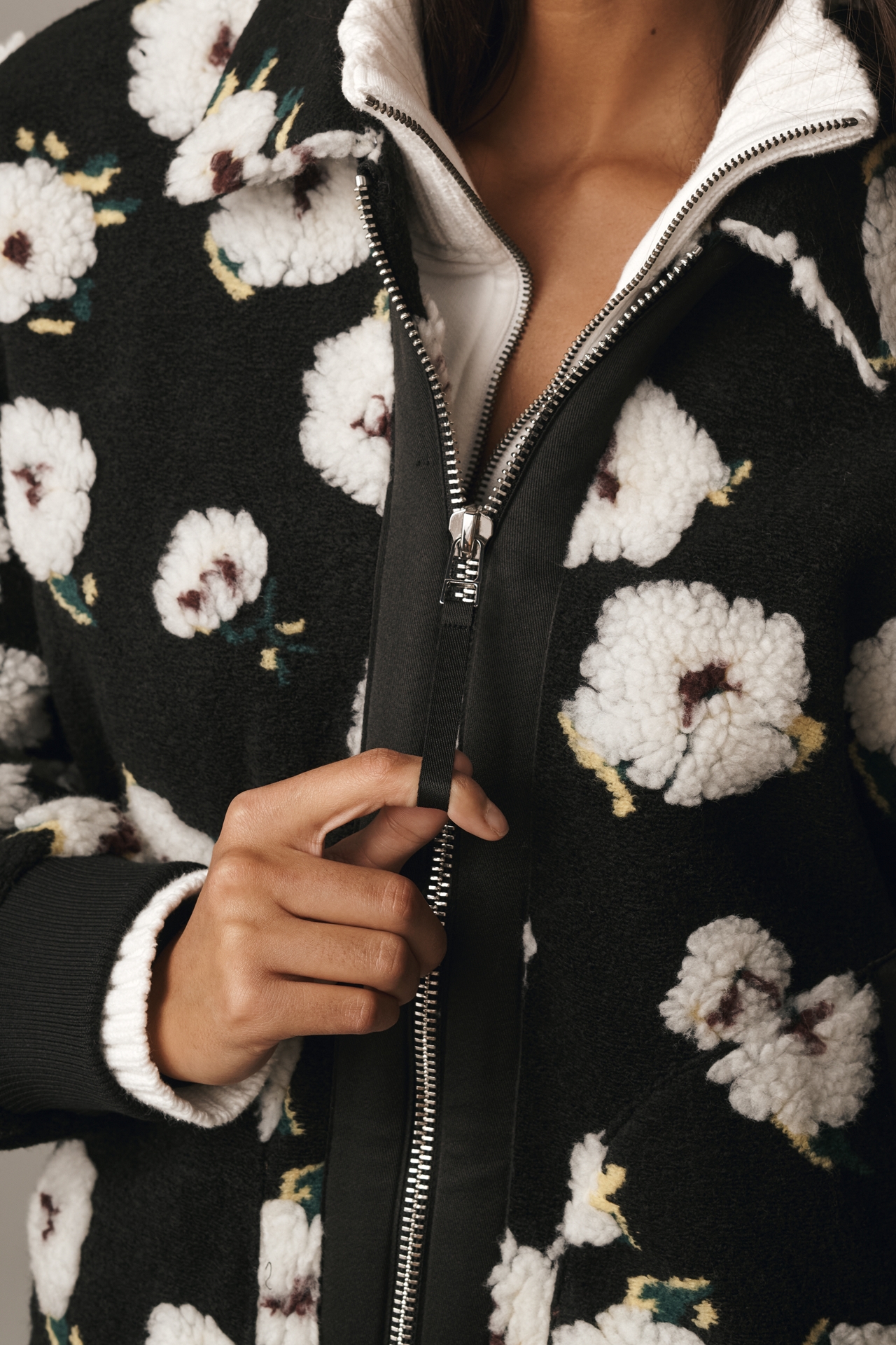 By Anthropologie Floral Sherpa Fleece Bomber Jacket