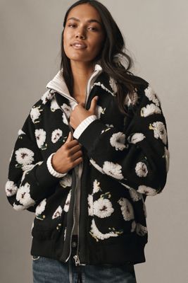 By Anthropologie Floral Sherpa Fleece Bomber Jacket
