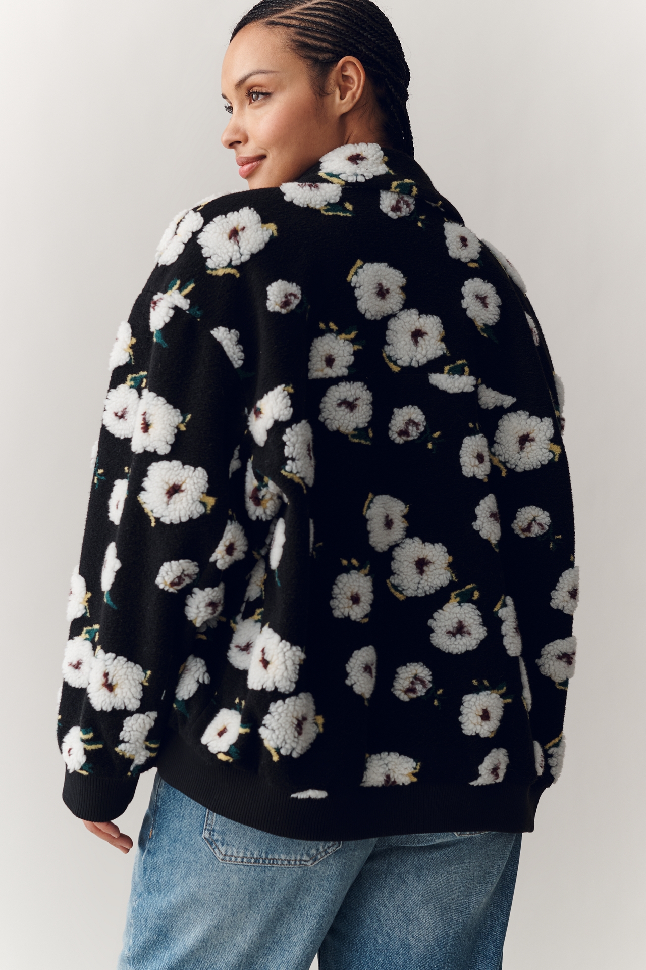 By Anthropologie Floral Sherpa Fleece Bomber Jacket