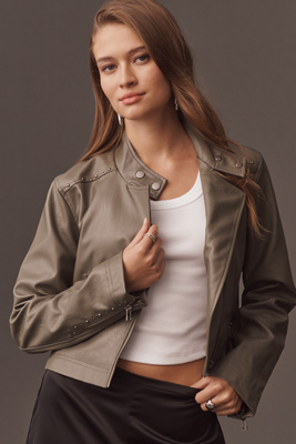 By Anthropologie Studded Faux-leather Cropped Jacket In Green