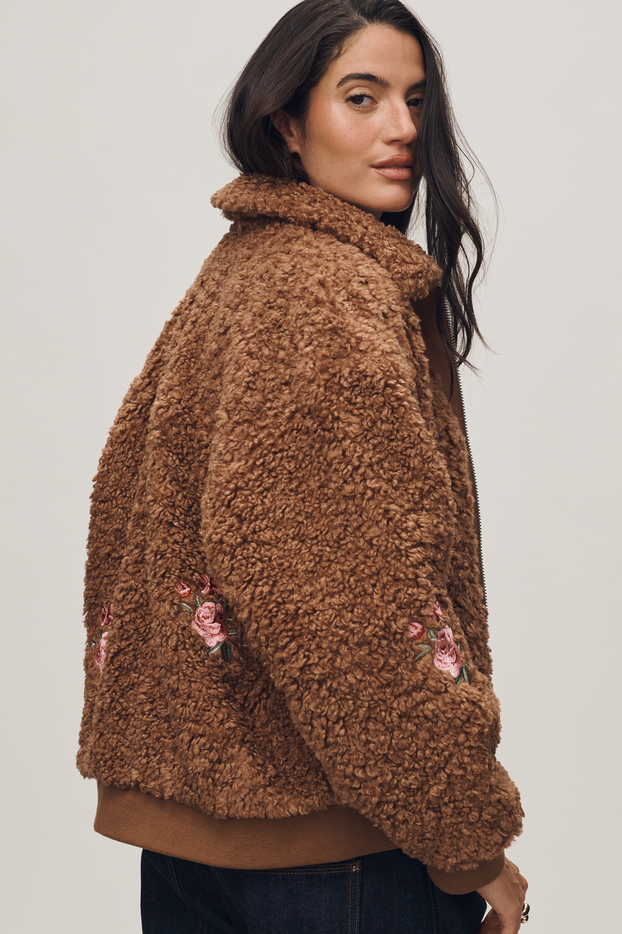 By Anthropologie Floral Embroidered Sherpa Bomber Jacket