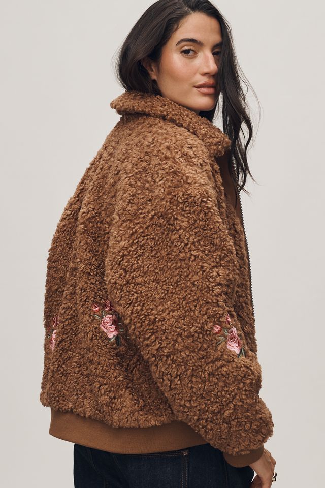 By Anthropologie Floral Embroidered Sherpa Bomber Jacket