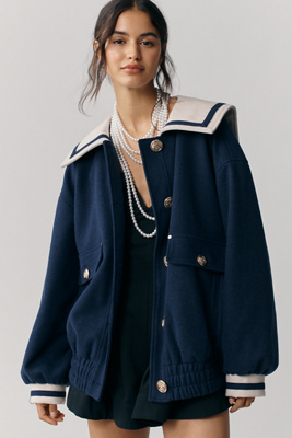 Maeve Wool Blend Nautical Bomber Jacket In Blue