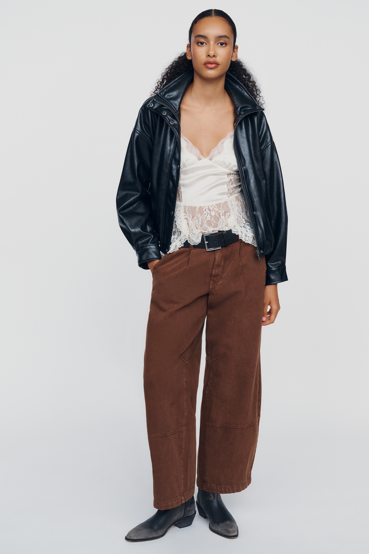 Pilcro Funnel-Neck Faux-Leather Bomber Jacket