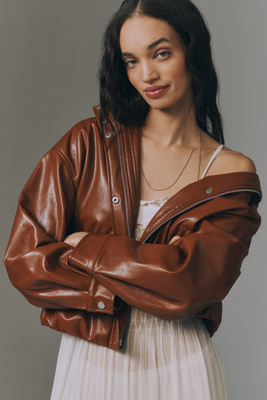 Pilcro Funnel-neck Faux-leather Bomber Jacket In Brown