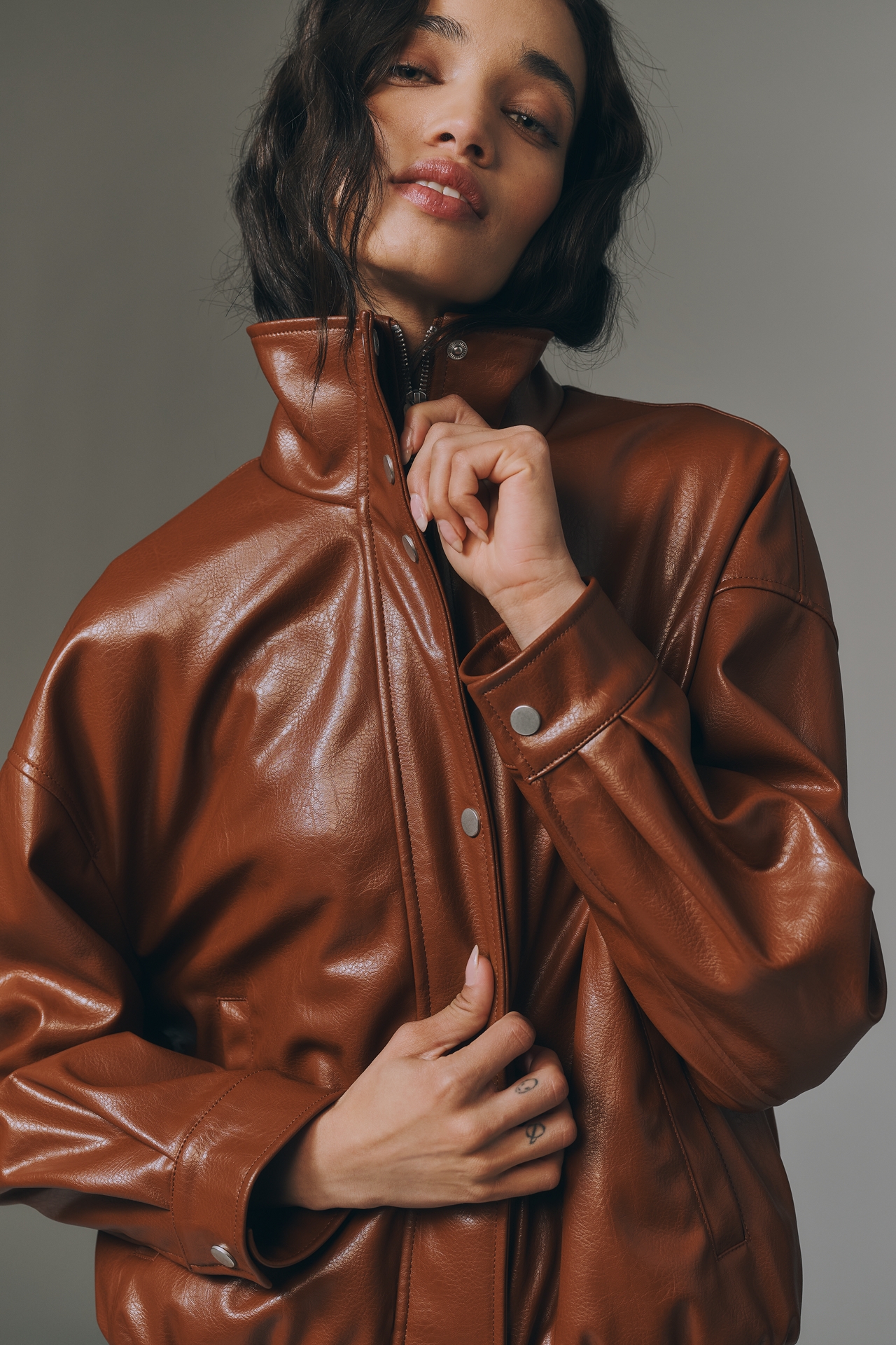 Pilcro Funnel-Neck Faux-Leather Bomber Jacket