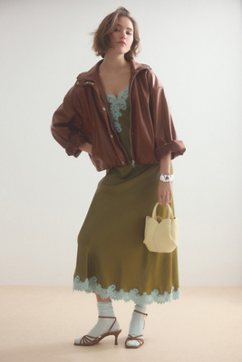 Pilcro Funnel-Neck Faux-Leather Bomber Jacket