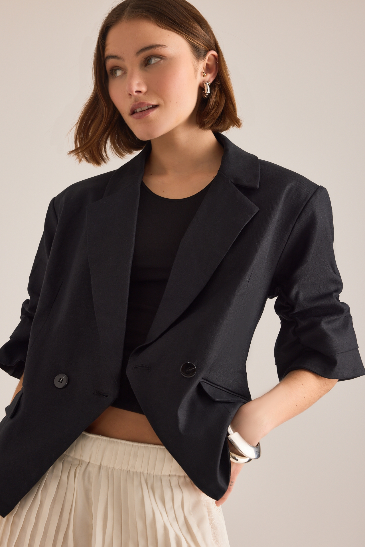 By Anthropologie Linen Scrunched Sleeve Blazer