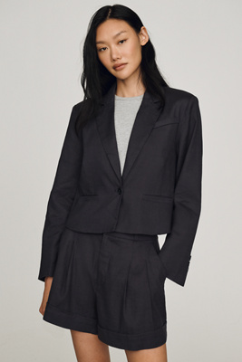 Linen-Blend Stretch Crop Blazer