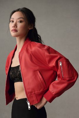 Shop Walter Baker Andrea Leather Bomber Jacket In Red