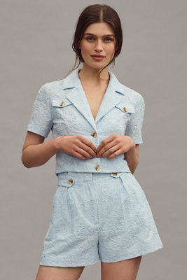 WALTER BAKER MIRANDA SEYCHELLES EMBROIDERED CROPPED SHORT-SLEEVE BLAZER JACKET 