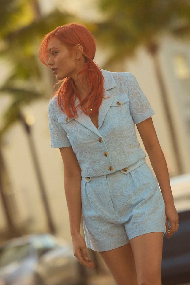 Walter Baker Miranda Seychelles Embroidered Cropped Short-Sleeve