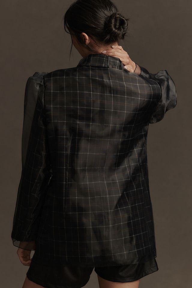 By Anthropologie Tulle Overlay Plaid Blazer #3