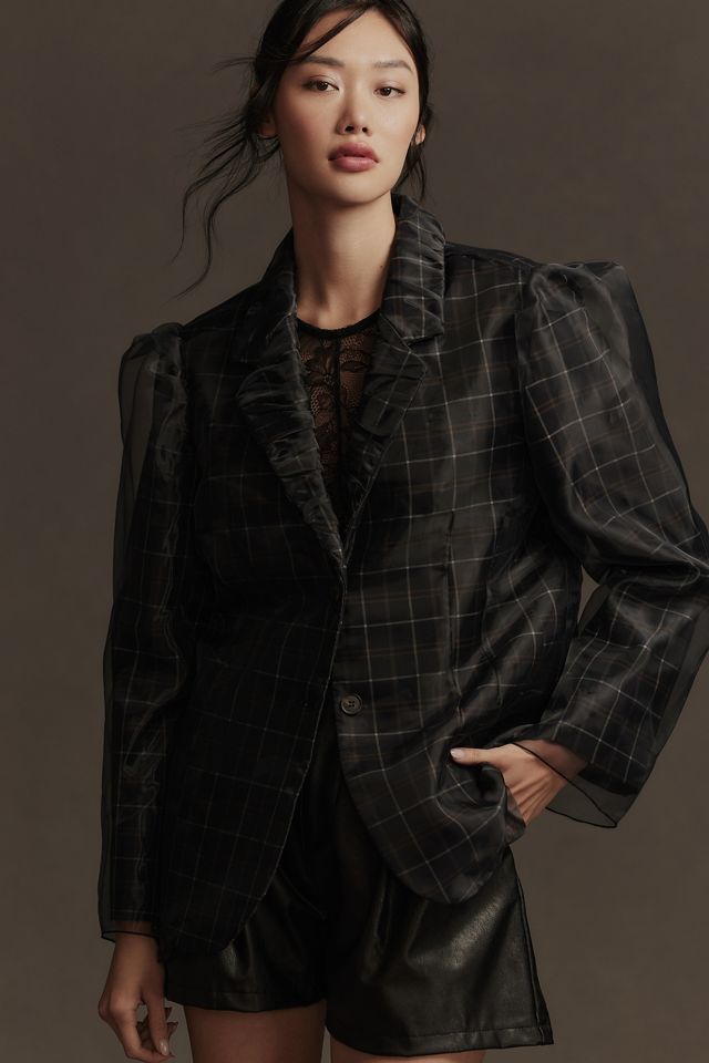 By Anthropologie Tulle Overlay Plaid Blazer #1