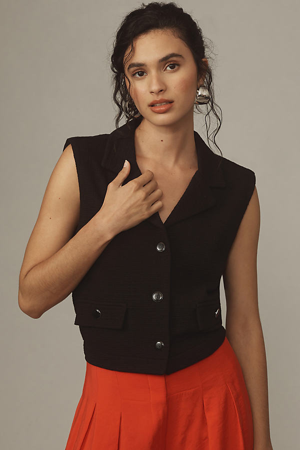 Maeve Extended Shoulder Knit Vest Jacket In Black
