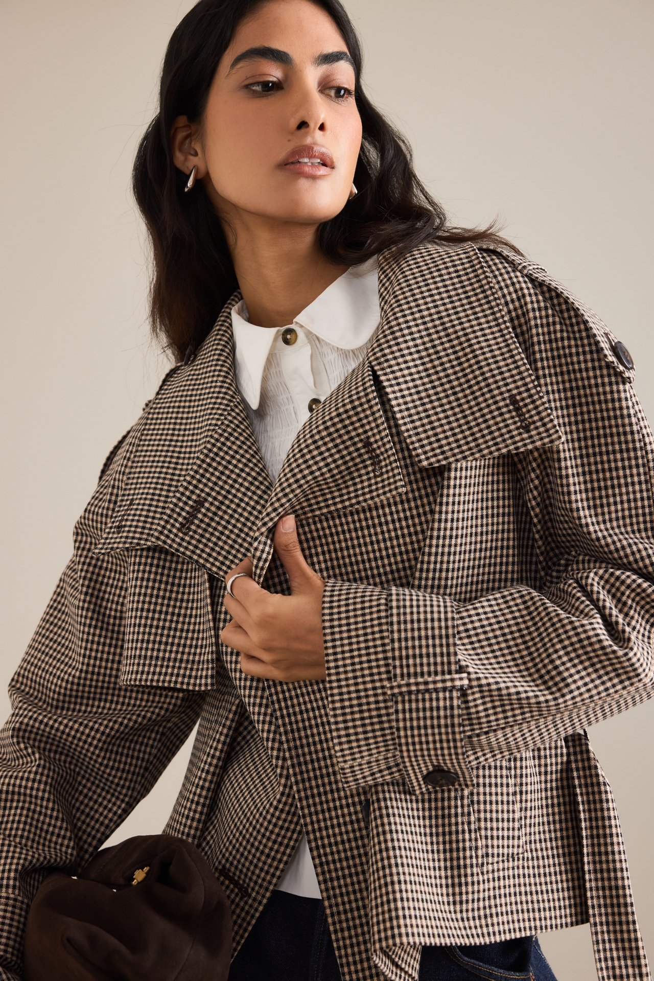 By Anthropologie Crop Plaid Trench Coat