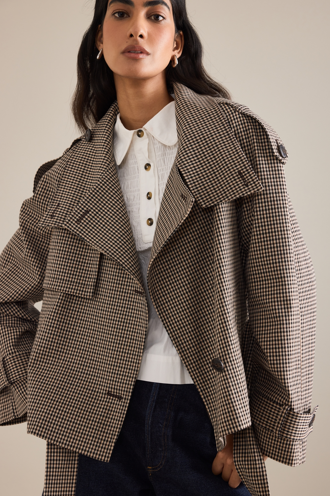 By Anthropologie Crop Plaid Trench Coat
