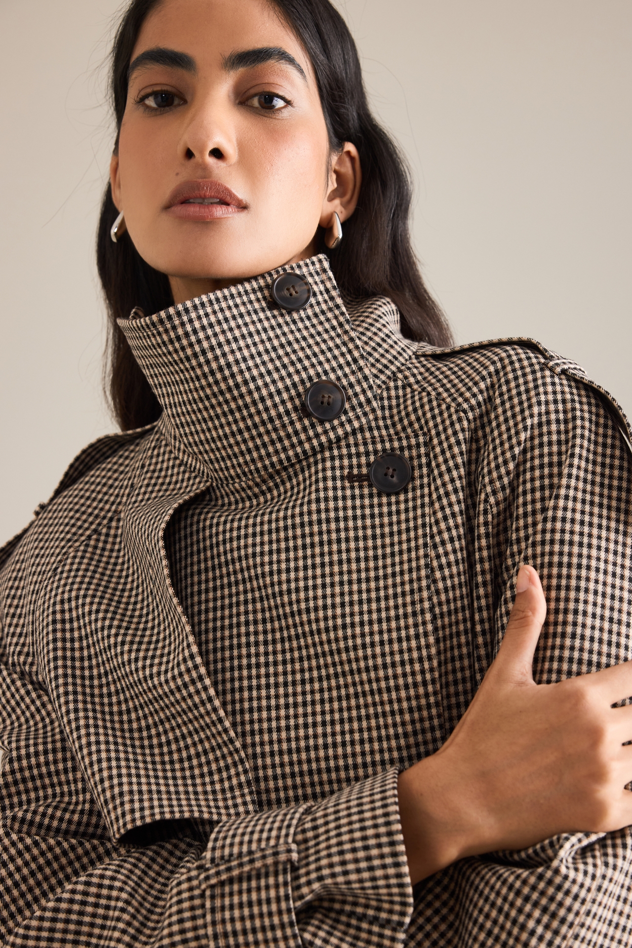 By Anthropologie Crop Plaid Trench Coat