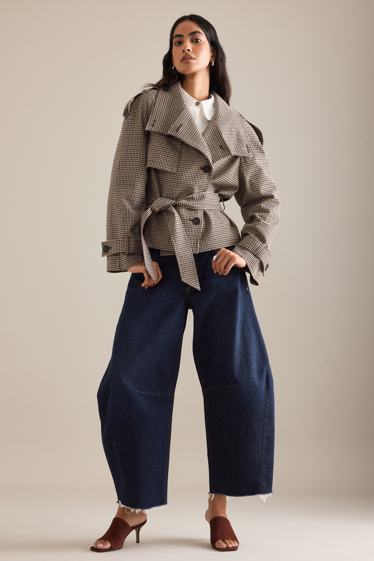 By Anthropologie Crop Plaid Trench Coat