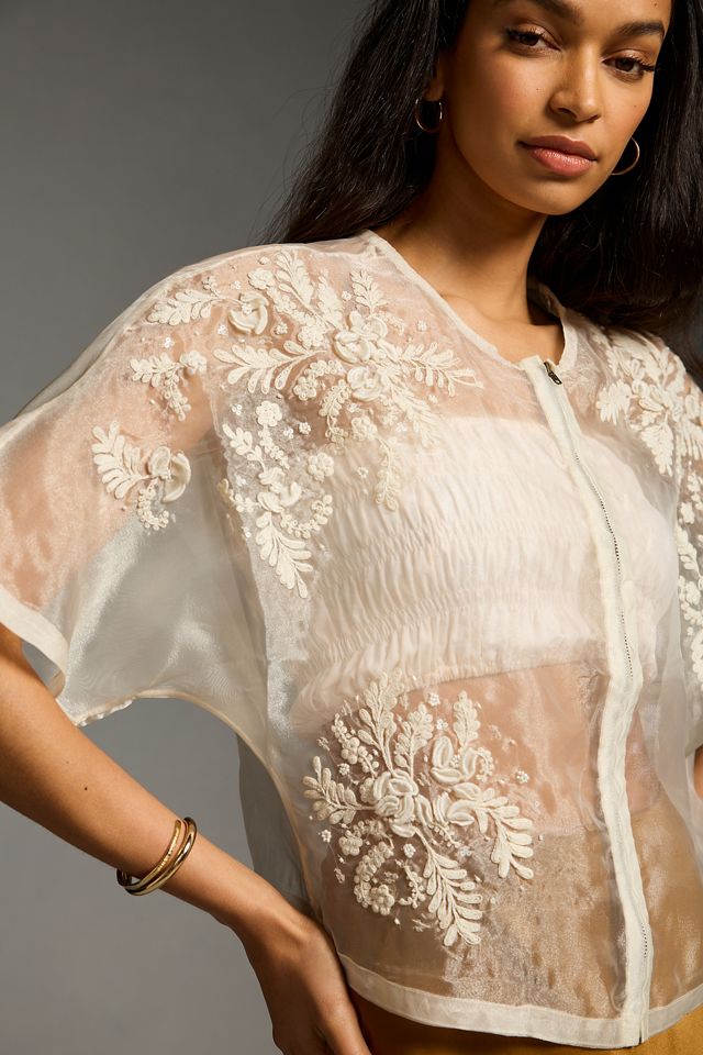 By Anthropologie Sheer Embroidered Organza Jacket #2