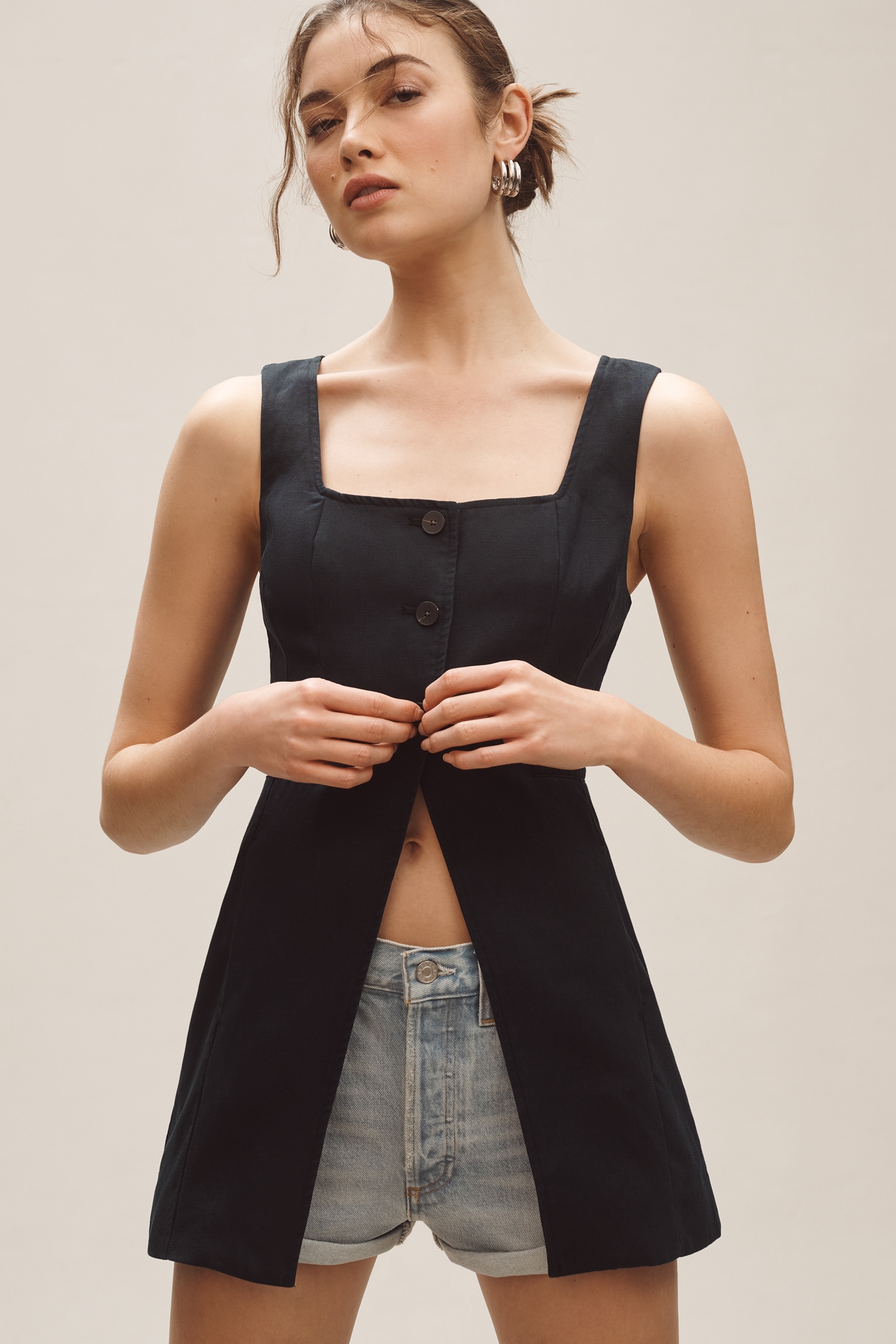 By Anthropologie Linen Longline Cut-Away Vest