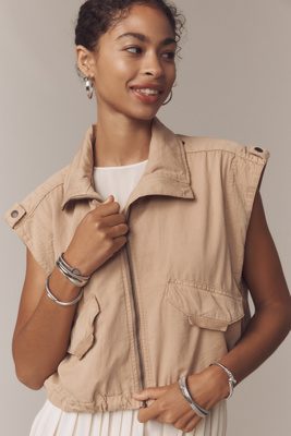 By Anthropologie Linen Blend Cinched Hem Vest Jacket In Beige