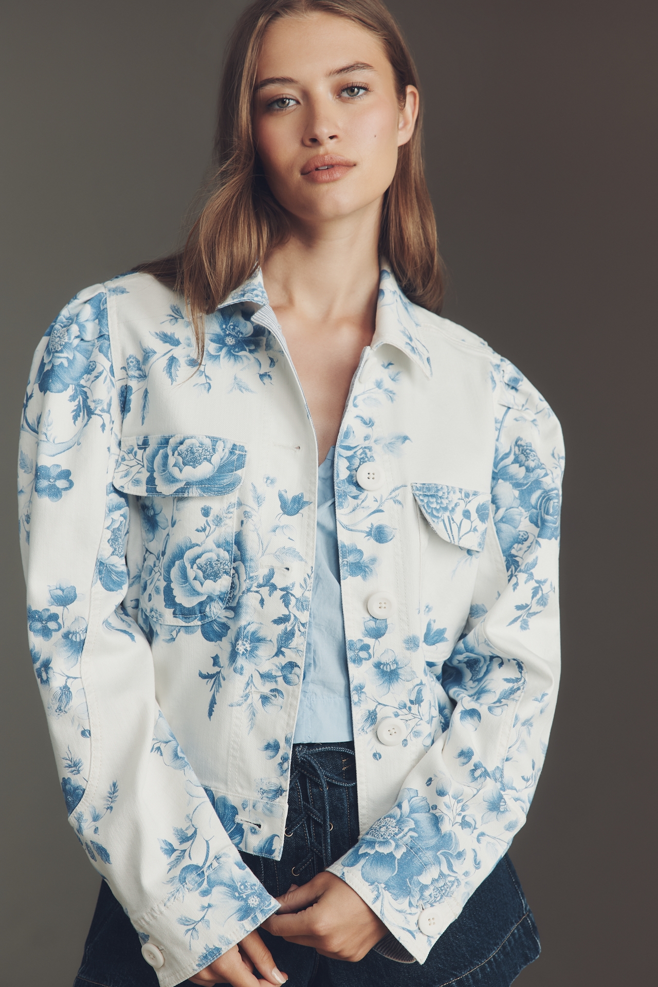 Maeve Puff-Sleeve Floral Utility Jacket