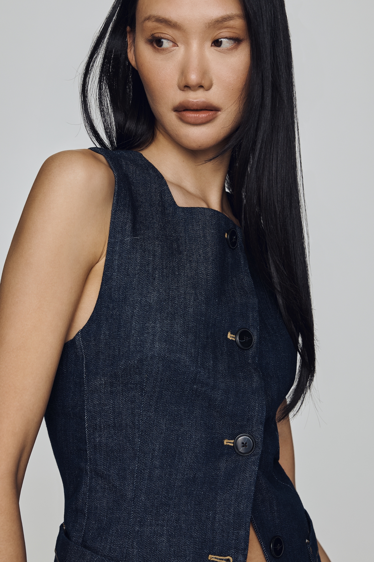 Maeve Square-Neck Cutaway Denim Vest