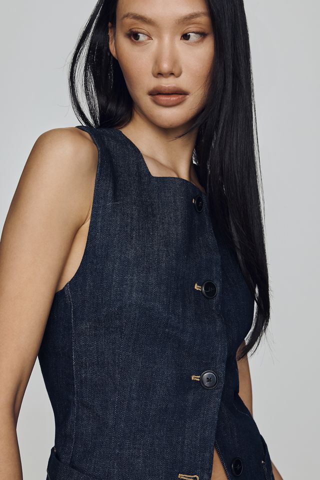 Maeve Square-Neck Cutaway Denim Vest #3