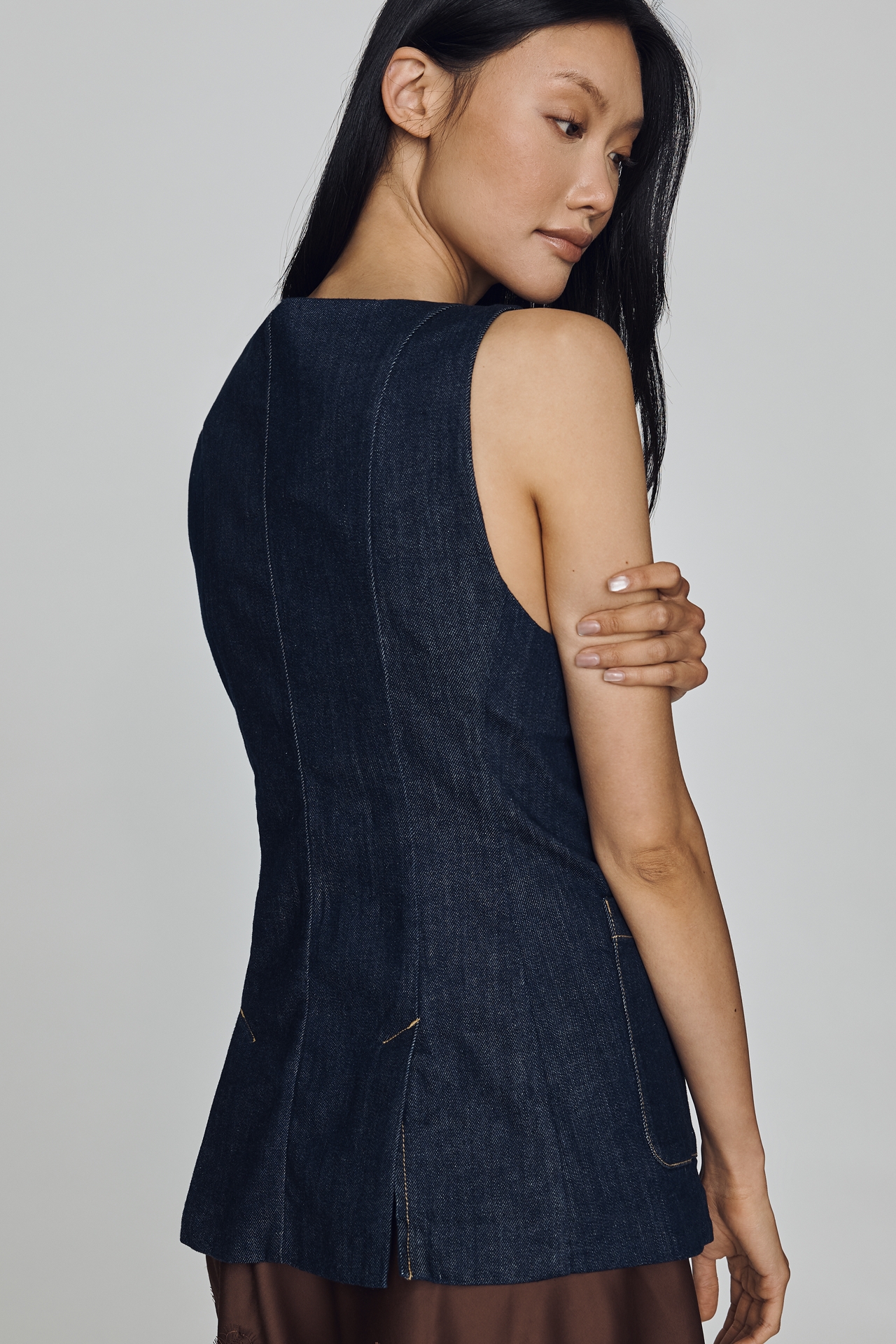Maeve Square-Neck Cutaway Denim Vest