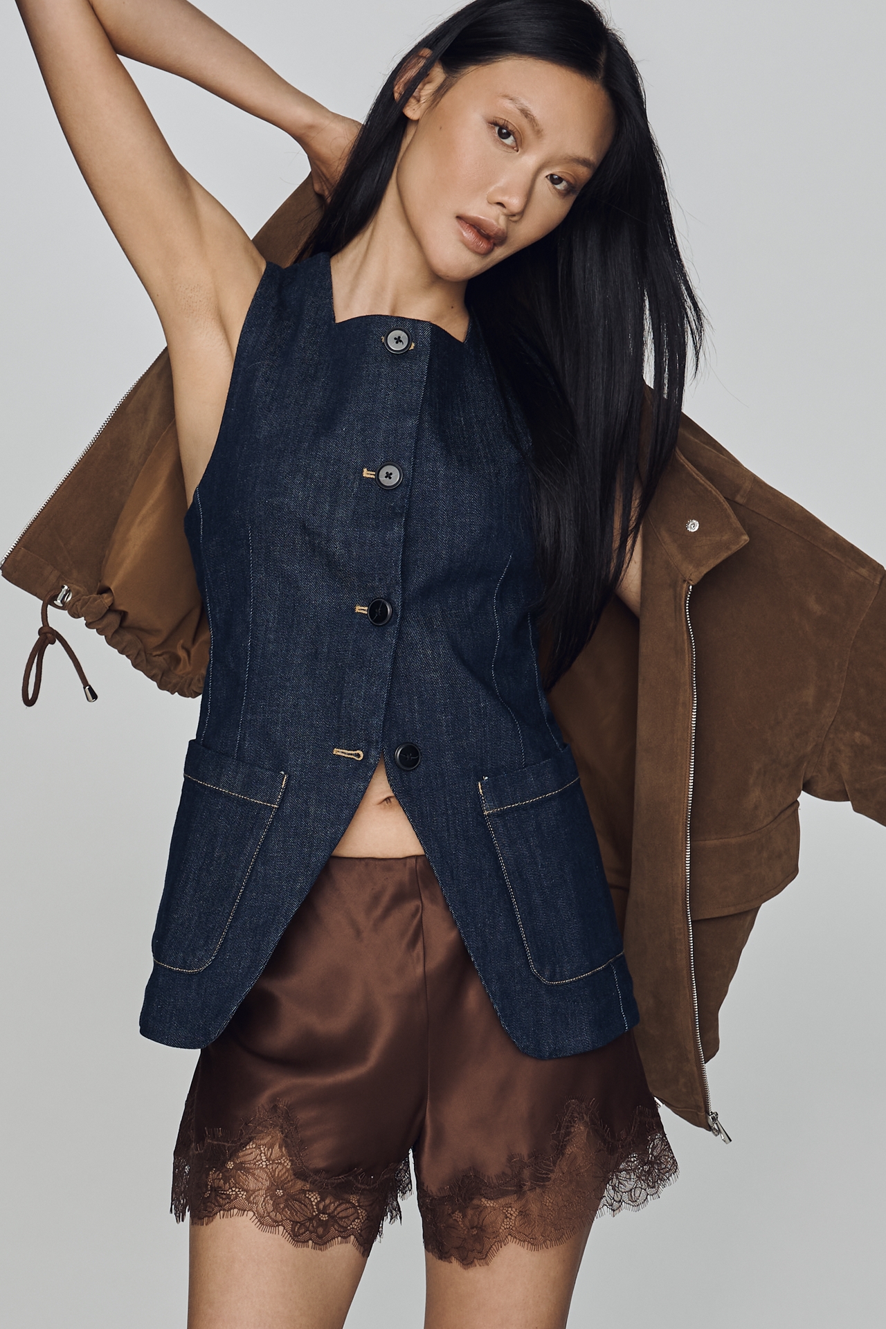 Maeve Square-Neck Cutaway Denim Vest